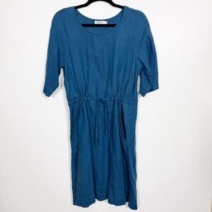 Magic Linen Blue Lagenlook Minimalist Tie Waist Pocket Dress Size Medium